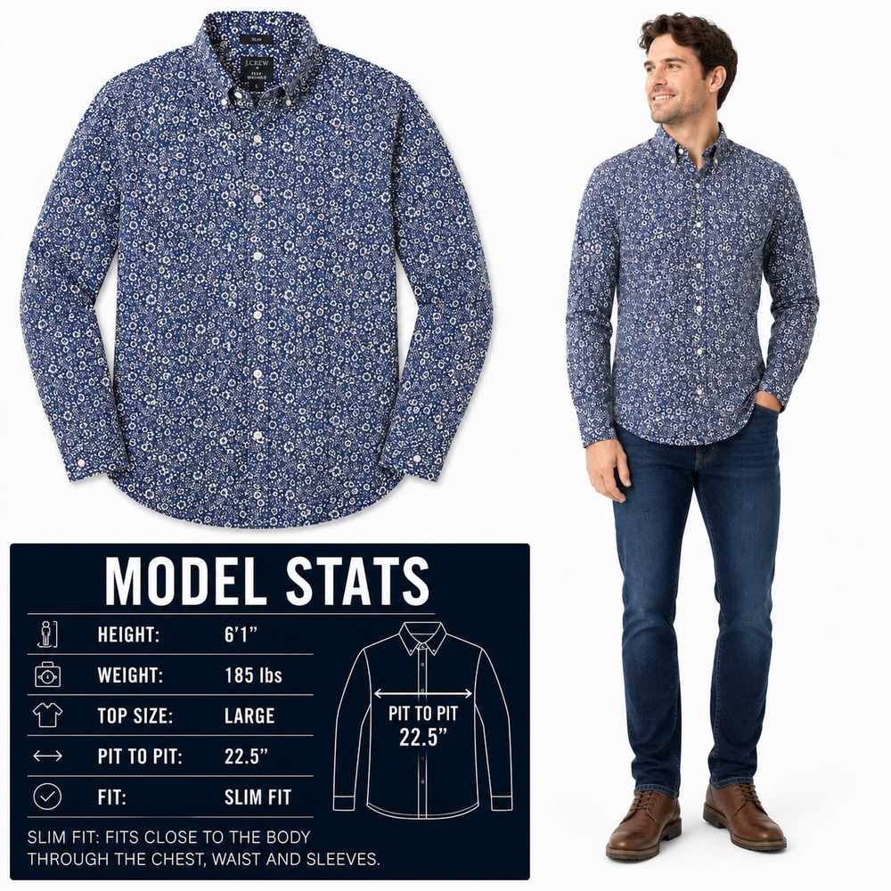 J.Crew Mens Flex Washed Slim Fit Floral‎ Button Down Shirt Blue White Large L